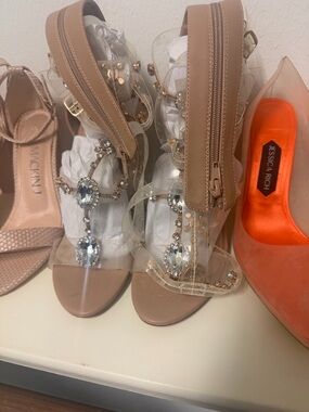 Jessica Clear Strap Nude Heels with Crystal Embellishments